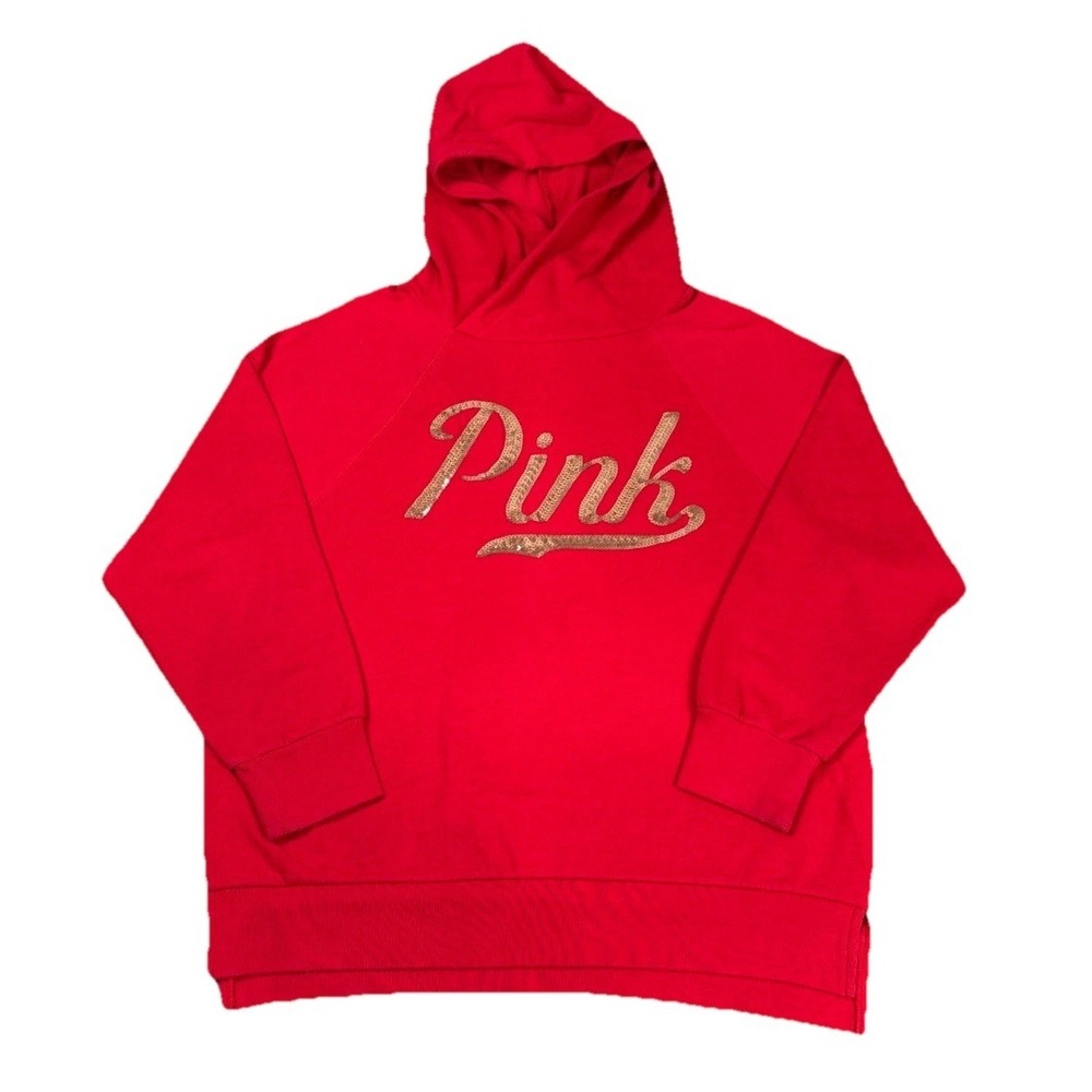 Victoria's Secret PINK Red Hoodie Pullover Sweatshirt Gold Sequin Logo Sz M
